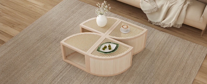 Walker Edison - Round to Square Block Modular Coffee Table Light Natural Rattan with Storage 4 Piece