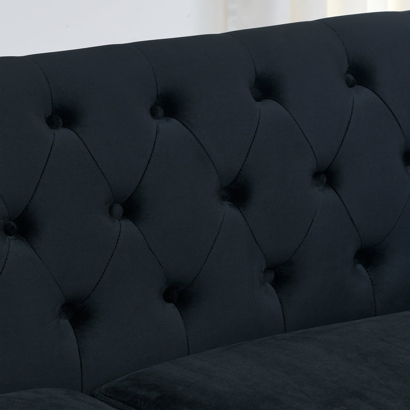 59-Inch Modern Chesterfield Velvet Sofa, 2-Seater Sofa, Upholstered Tufted Backrests with Nailhead Arms and 2 Cushions for Living Room, Bedroom, Apartment, Office (Black)