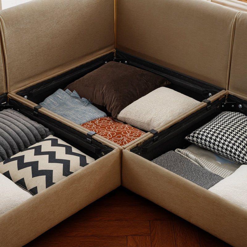 Modern Stylish Camel Chenille 2-Seater Sofa with Ottoman Storage and Cylindrical Backrest