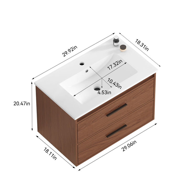 Wall Mounting Bathroom Vanity With Soft Close 2 Drawer, Sink - Reddish Brown, photo 3 of 4