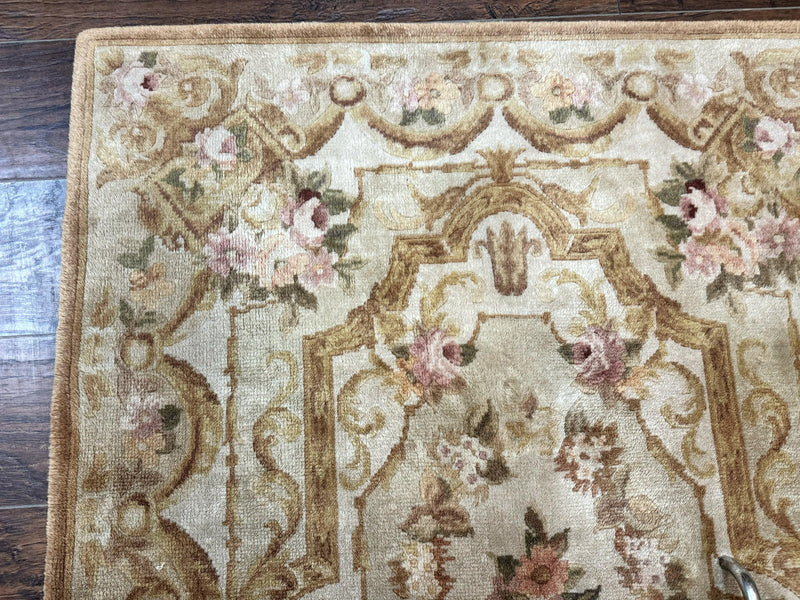 Chinese Aubusson Rug 3.6 x 5, Beige and Gold, Handmade Vintage Elegant European Design Carpet, Plush Wool, Handmade