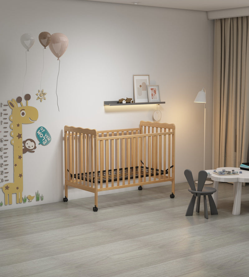 3-In-1 Convertible Crib In Natural, Made Of Sustainable Pinewood, Non-Toxic Finish, Comes With Locking Wheels, Wooden Nursery Furniture