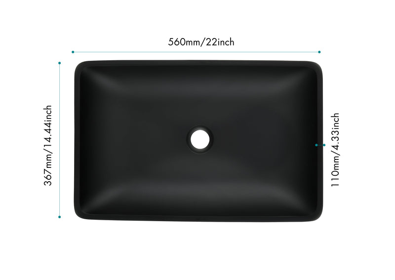 14.38" L -22.25" W -4-3/8 in. H Matte Shell Glass Rectangular Vessel Bathroom Sink in Black with Faucet and Pop-Up Drain in Matte Black