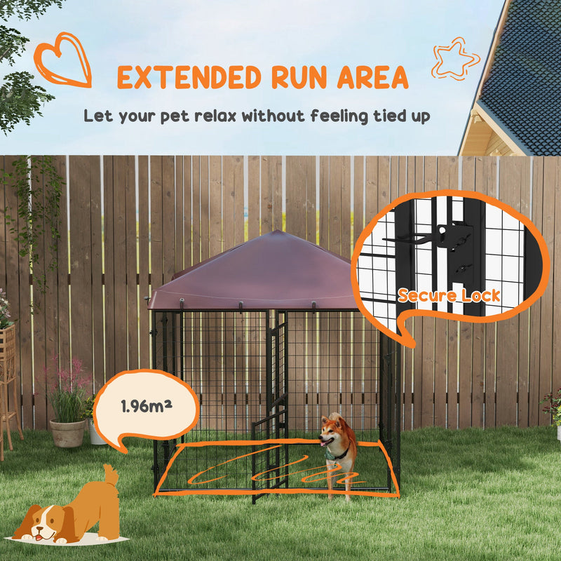 4.6' x 5' Dog Kennel Outdoor with Waterproof Cover, Dog Playpen for Small and Medium-Sized Dogs with Two Part Door Design, Brown