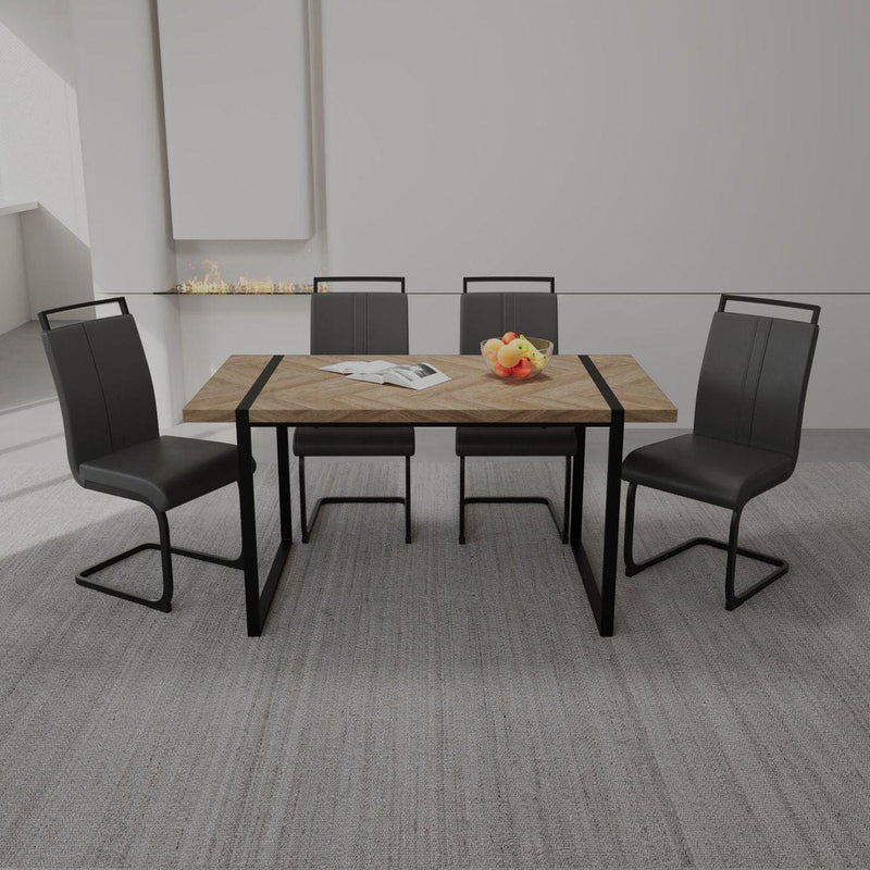 59 "Rural Industrial Rectangular MDF Light Wood Dining Table Set and PU Armless Dining Chair Set, 4-piece. Kitchen Black Metal Table Leg Dining Chair Set