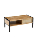 40.16" Rattan Coffee table, sliding door for storage, metal legs, Modern table for living room, natural