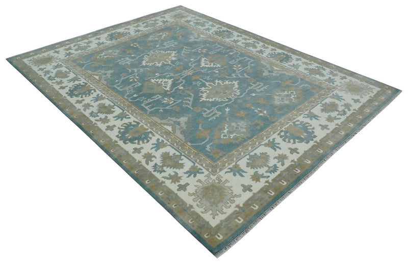 9.2x11.9 Hand Knotted Blue and Ivory Traditional Oushak Wool Area Rug