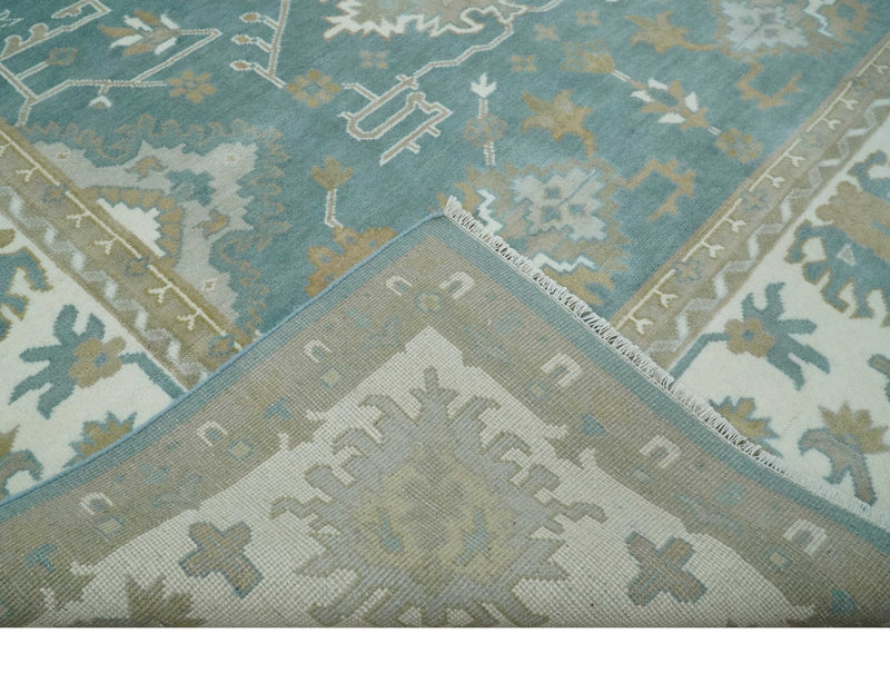 9.2x11.9 Hand Knotted Blue and Ivory Traditional Oushak Wool Area Rug