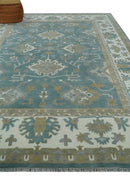 9.2x11.9 Hand Knotted Blue and Ivory Traditional Oushak Wool Area Rug