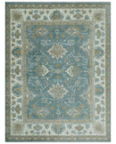 9.2x11.9 Hand Knotted Blue and Ivory Traditional Oushak Wool Area Rug
