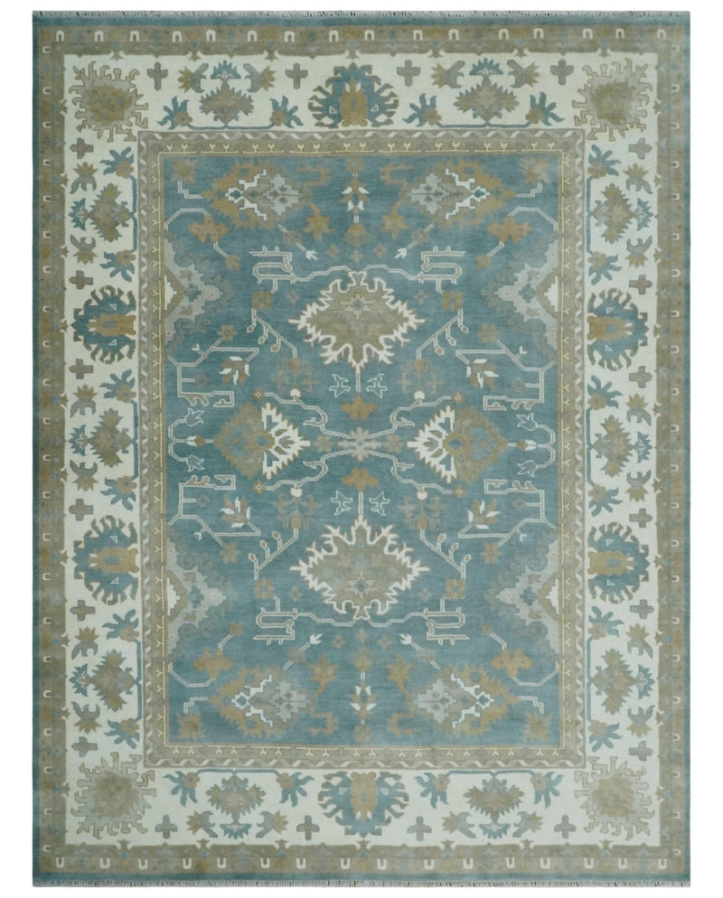 9.2x11.9 Hand Knotted Blue and Ivory Traditional Oushak Wool Area Rug