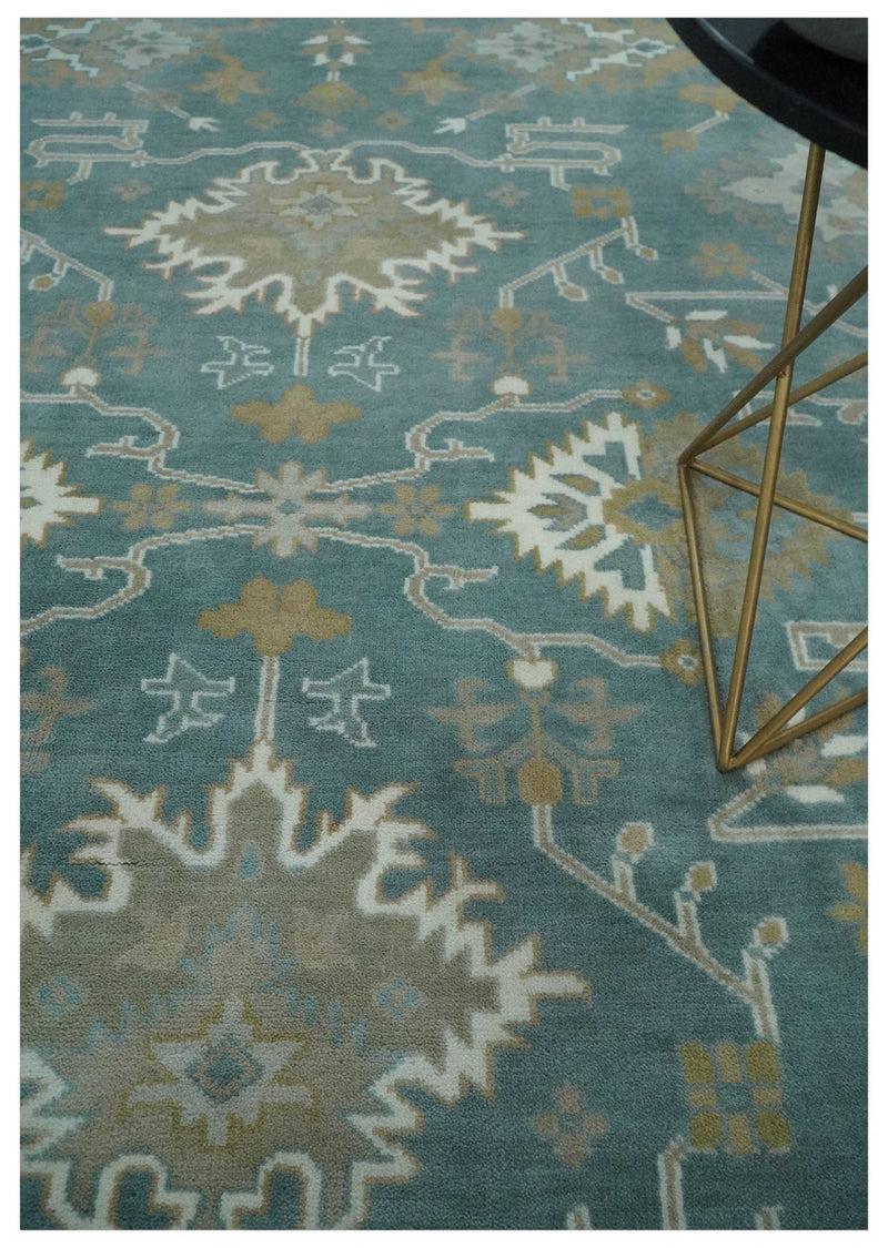 9.2x11.9 Hand Knotted Blue and Ivory Traditional Oushak Wool Area Rug