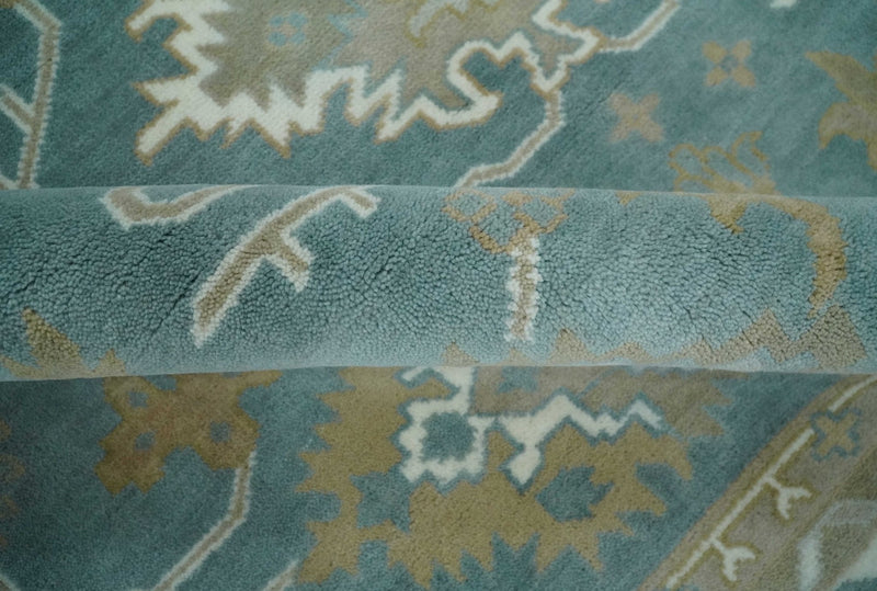 9.2x11.9 Hand Knotted Blue and Ivory Traditional Oushak Wool Area Rug