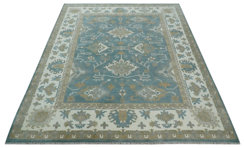 9.2x11.9 Hand Knotted Blue and Ivory Traditional Oushak Wool Area Rug