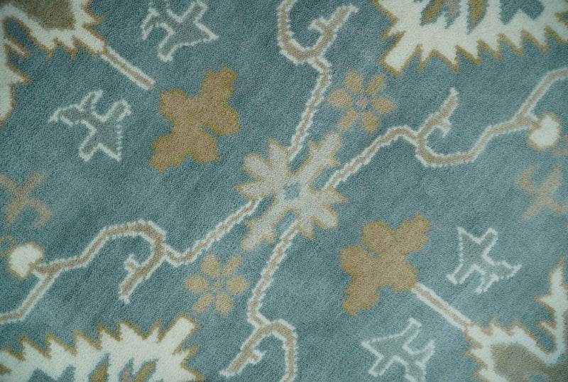 9.2x11.9 Hand Knotted Blue and Ivory Traditional Oushak Wool Area Rug