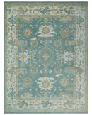 9.2x12.5 Hand Knotted Oriental Oushak Teal, Ivory and Beige Wool Area Rug