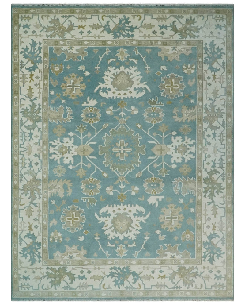 9.2x12.5 Hand Knotted Oriental Oushak Teal, Ivory and Beige Wool Area Rug