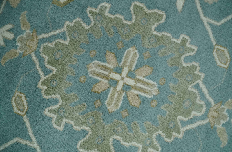 9.2x12.5 Hand Knotted Oriental Oushak Teal, Ivory and Beige Wool Area Rug