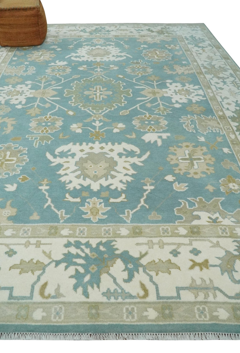 9.2x12.5 Hand Knotted Oriental Oushak Teal, Ivory and Beige Wool Area Rug