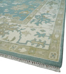 9.2x12.5 Hand Knotted Oriental Oushak Teal, Ivory and Beige Wool Area Rug