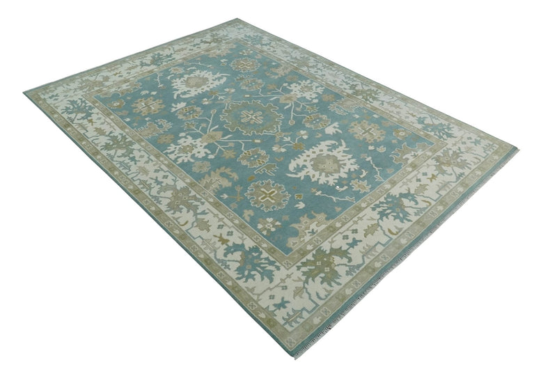 9.2x12.5 Hand Knotted Oriental Oushak Teal, Ivory and Beige Wool Area Rug