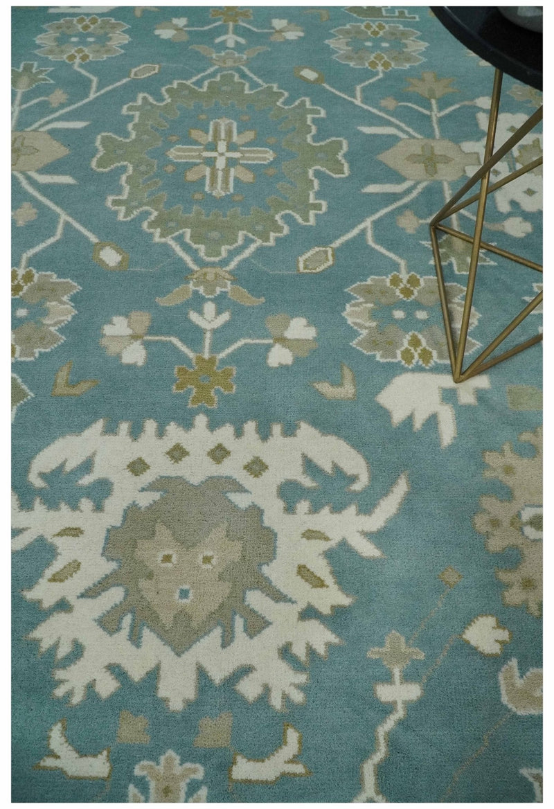 9.2x12.5 Hand Knotted Oriental Oushak Teal, Ivory and Beige Wool Area Rug