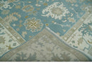9.2x12.5 Hand Knotted Oriental Oushak Teal, Ivory and Beige Wool Area Rug