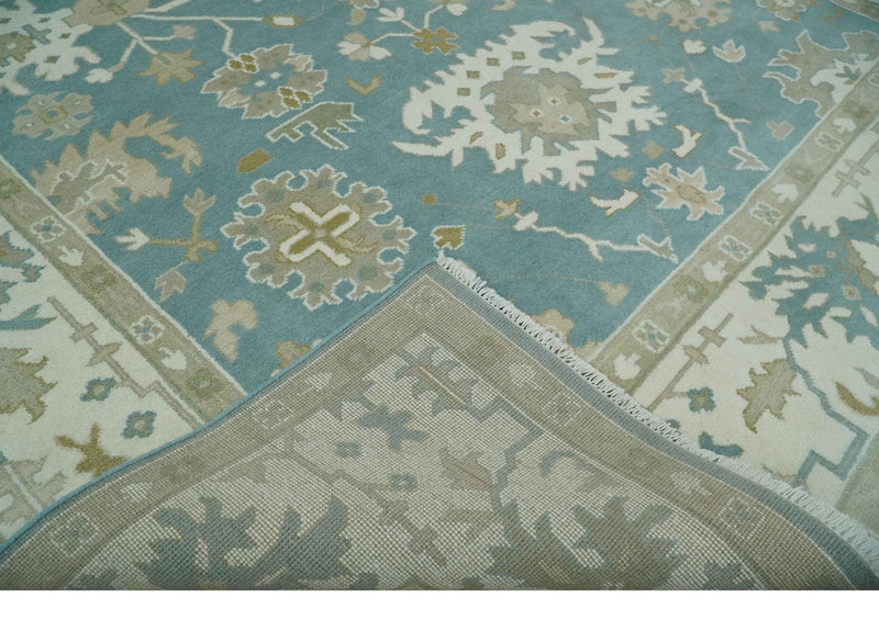 9.2x12.5 Hand Knotted Oriental Oushak Teal, Ivory and Beige Wool Area Rug