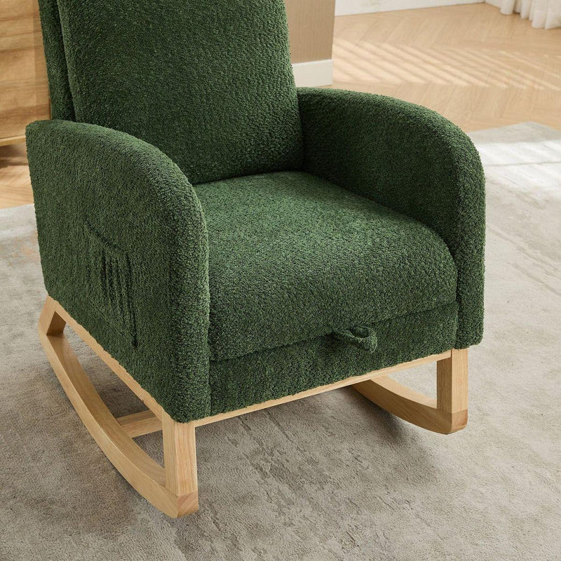 25.4"W Rocking Chair for Nursery, High Back Glider Chair with Retractable Footrest, Side Pocket, Rocking Accent Armchair with Rubber Wood Legs for Living Room/Bedroom.Green