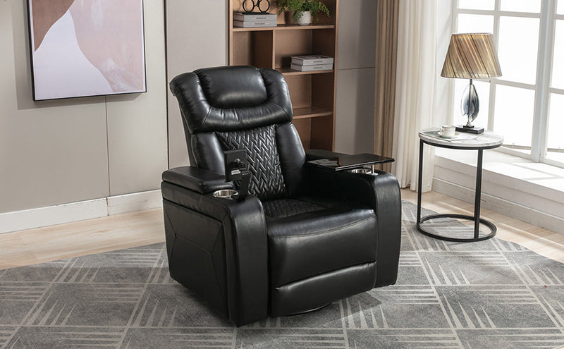 270 Degree Swivel PU Leather Power Recliner Individual Seat Home Theater Recliner with Comforable Backrest, Tray Table, Phone Holder, Cup Holder, USB Port, Hidden Arm Storage for Living Room, Black