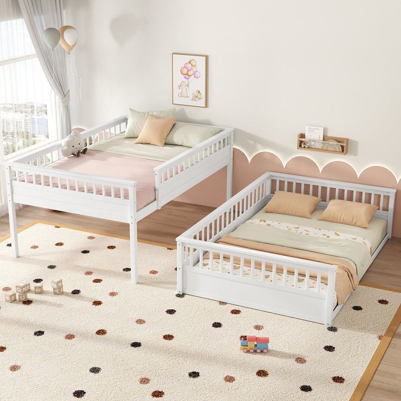 Queen over Queen Bunk Bed with Ladder and Guardrails, White