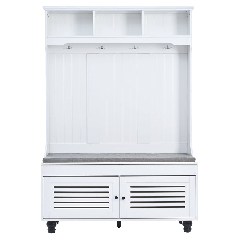 5-in-1 Entryway Bench with Shutter-shaped doors, Coat Rack, Cushion and 4 Sturdy Hooks, 47.2" Wide Hall Tree with Storage Bench for Hallway, Entryway, Living Room