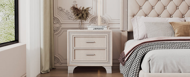 2-Drawer Nightstand with Metal Legs for Bedroom, Mid Century Nightstand Fully Assembled Except Legs and Handles,Velvet Bedside Table-Beige