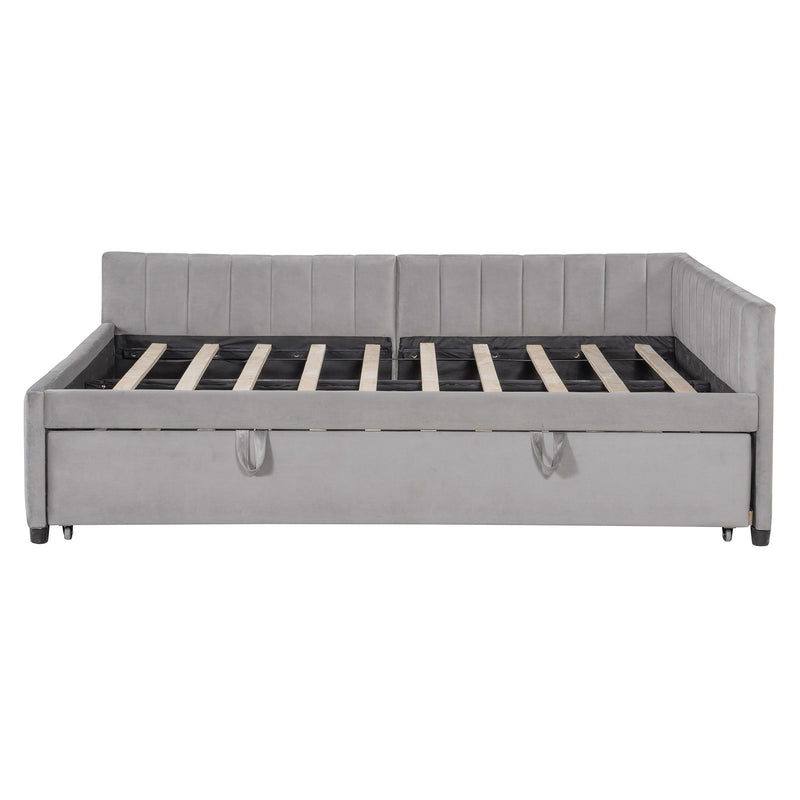 Full Size Upholstered L-Shaped Upholstered Daybed with Twin
Size Pop Up Trundle, Gray