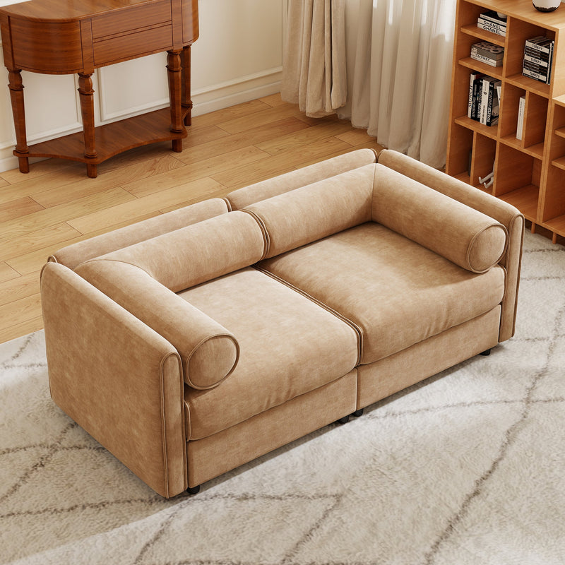 Stylish Camel Chenille 2-Seater Sofa with Storage Seat and Cylindrical Backrest