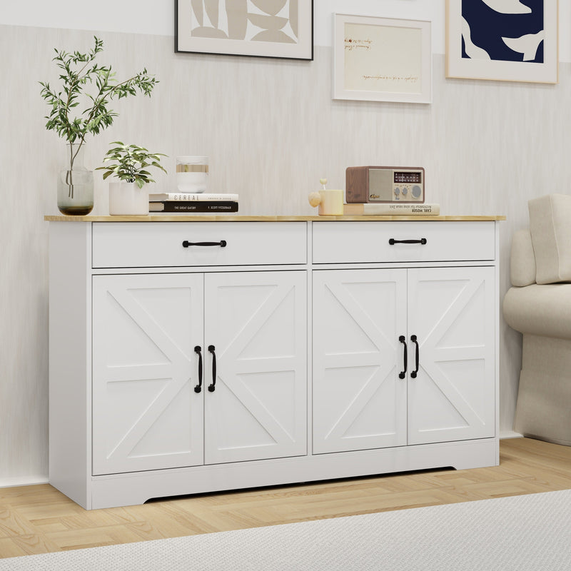 55.91" Large Farmhouse Buffet Cabinet Storage Sideboard with 2 Drawers and 4 Doors for Dining Living Room Kitchen Cupboard-White