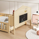 Full Size Montessori Floor Bed With Bookcases And boards, Solid Wood Platform Bed With Guard Rails And Storage Headboards - Natural by HouseOfZazla