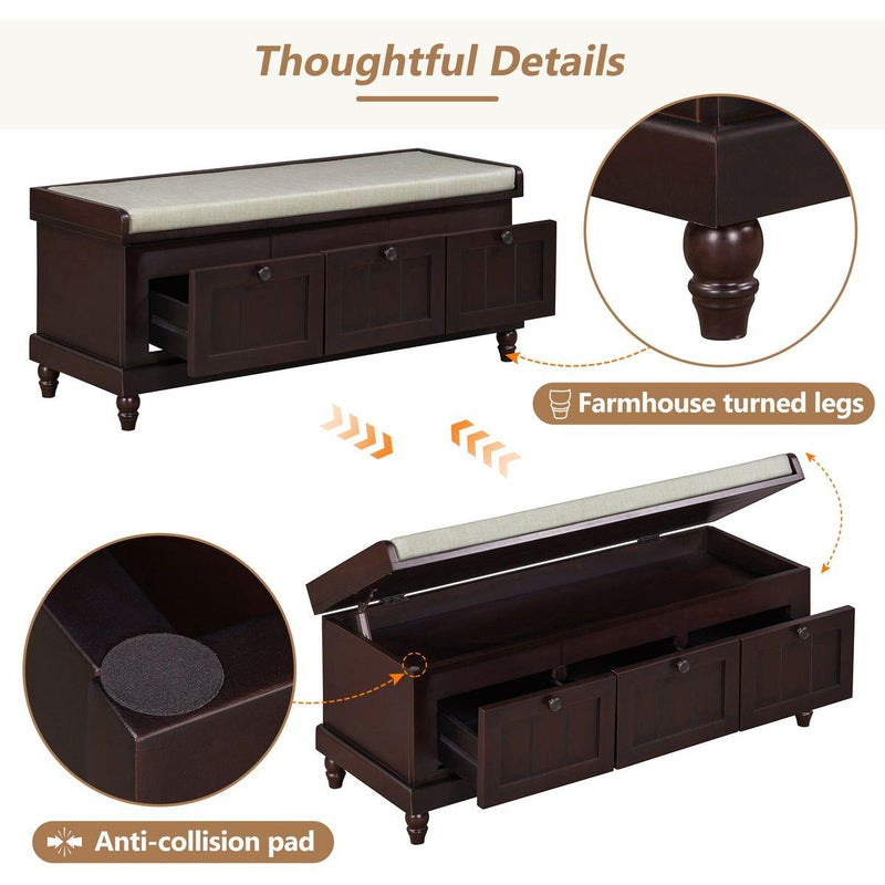 TREXM Classic Shoe Bench with Cushion and Three Drawers, Fluted Entryway Bench with Storage for Living Room, Entryway, and Hallways (Espresso)