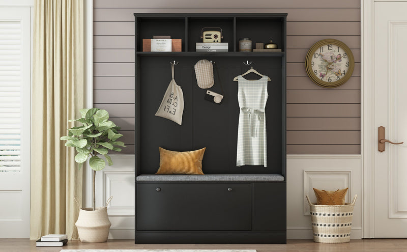 5-in-1 Entryway Bench with Coat Rack, Cushion and 3 Sturdy Hooks, 47.2" Wide Hall Tree with Shoe Storage Bench for Hallway, Entryway, Living Room