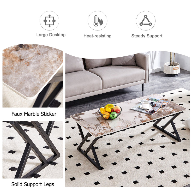 A modern minimalist style marble patterned coffee table with black metal legs. Computer desk. Game table. Tea table. CT-XX