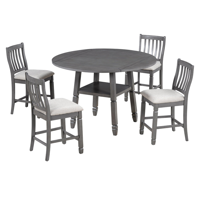 5-Piece Counter Height Dining Table Set in 2 Table Sizes with 4 Folding Leaves and 4 Upholstered Chairs for Dining Room (Gray+Beige Cushion)