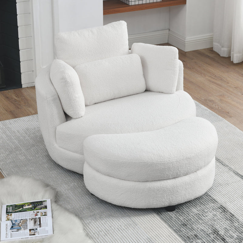 39" W Oversized Swivel Chair with moon storage ottoman for Living Room, Modern Accent Round Loveseat Circle Swivel Barrel Chairs for Bedroom Cuddle Sofa Chair Lounger Armchair, 4 Pillows, Teddy Fabric