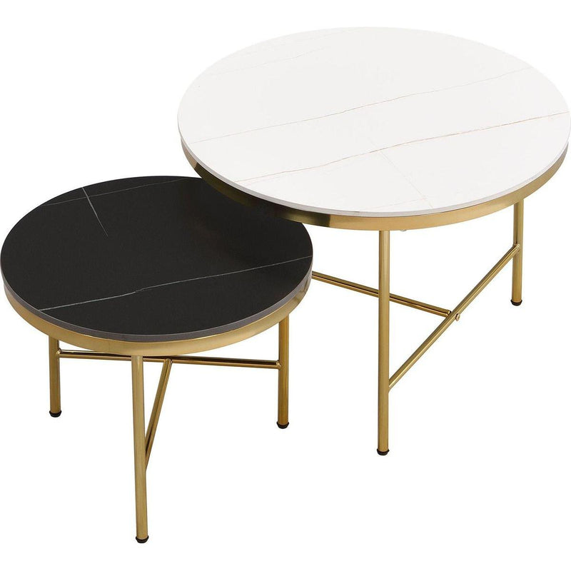 Modern Round Nesting Coffee Table Set 2-Piece Black & White Sintered Stone Top Gold Base in 23.6"&17.7"