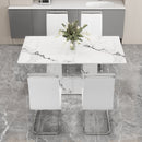A simple dining table. A dining table with a white marble pattern. 4 PU synthetic leather high backrest cushioned side chairs with C-shaped silver metal legs. DT-SQ-16090-wh