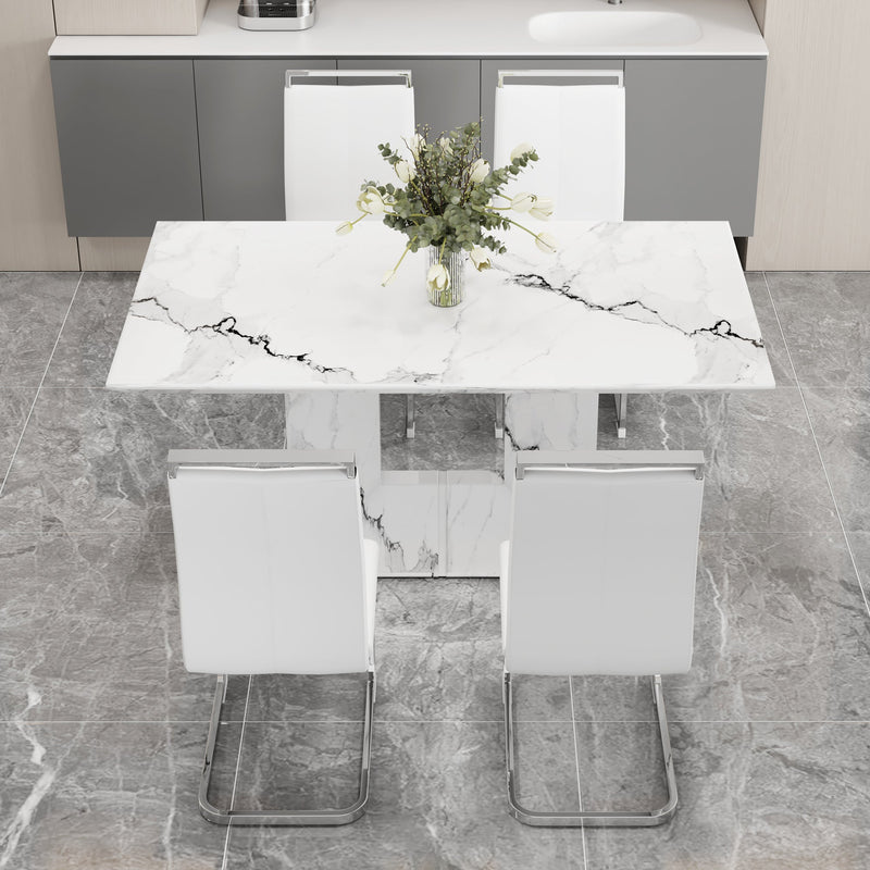 A simple dining table. A dining table with a white marble pattern. 4 PU synthetic leather high backrest cushioned side chairs with C-shaped silver metal legs. DT-SQ-16090-wh