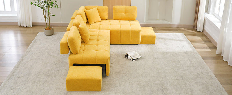 91.73" L-shaped Sofa Sectional Sofa Couch with 2 Stools and 2 Lumbar Pillows for Living Room, Yellow