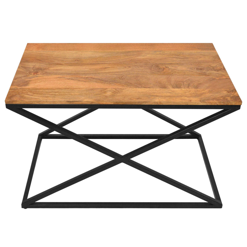35 Inch Wooden Rectangle Coffee Table with X Shape Metal Frame, Brown and Black
