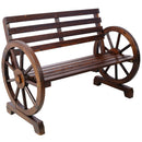 Rustic Country 2 Person Wooden Wagon Wheel Bench With Slatted Seat And Backrest - Brown by HouseOfZazla