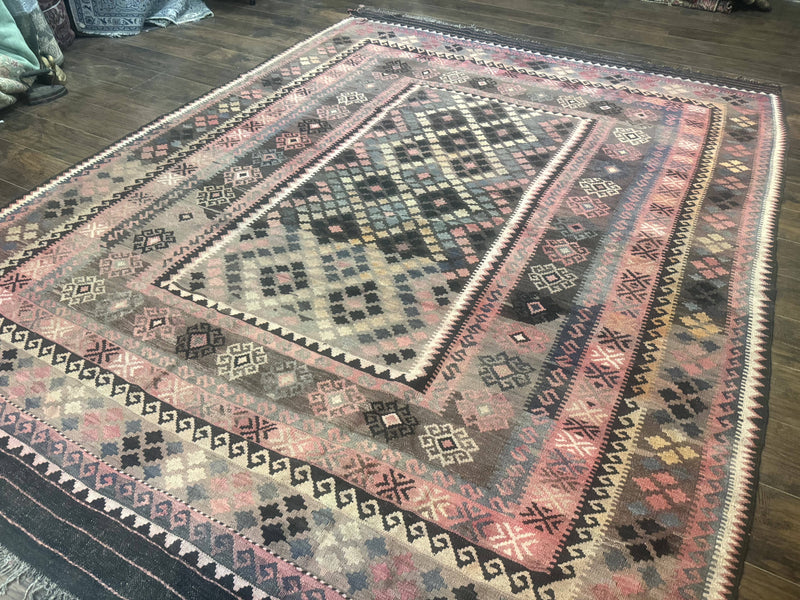 Persian Kurdish Kilim Rug 8x10, Large Flatweave Tribal Bohemian Rug, Vintage Zarand Kilim