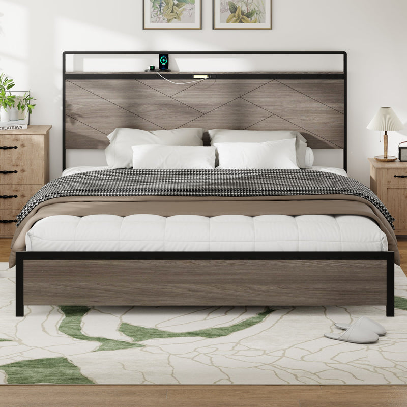 Bed frame king size, wooden platform bed frame with storage LED light headboard and 2 USB, no noise, no spring mattress required and simple assembly tools, large underbed storage, Antique Grey